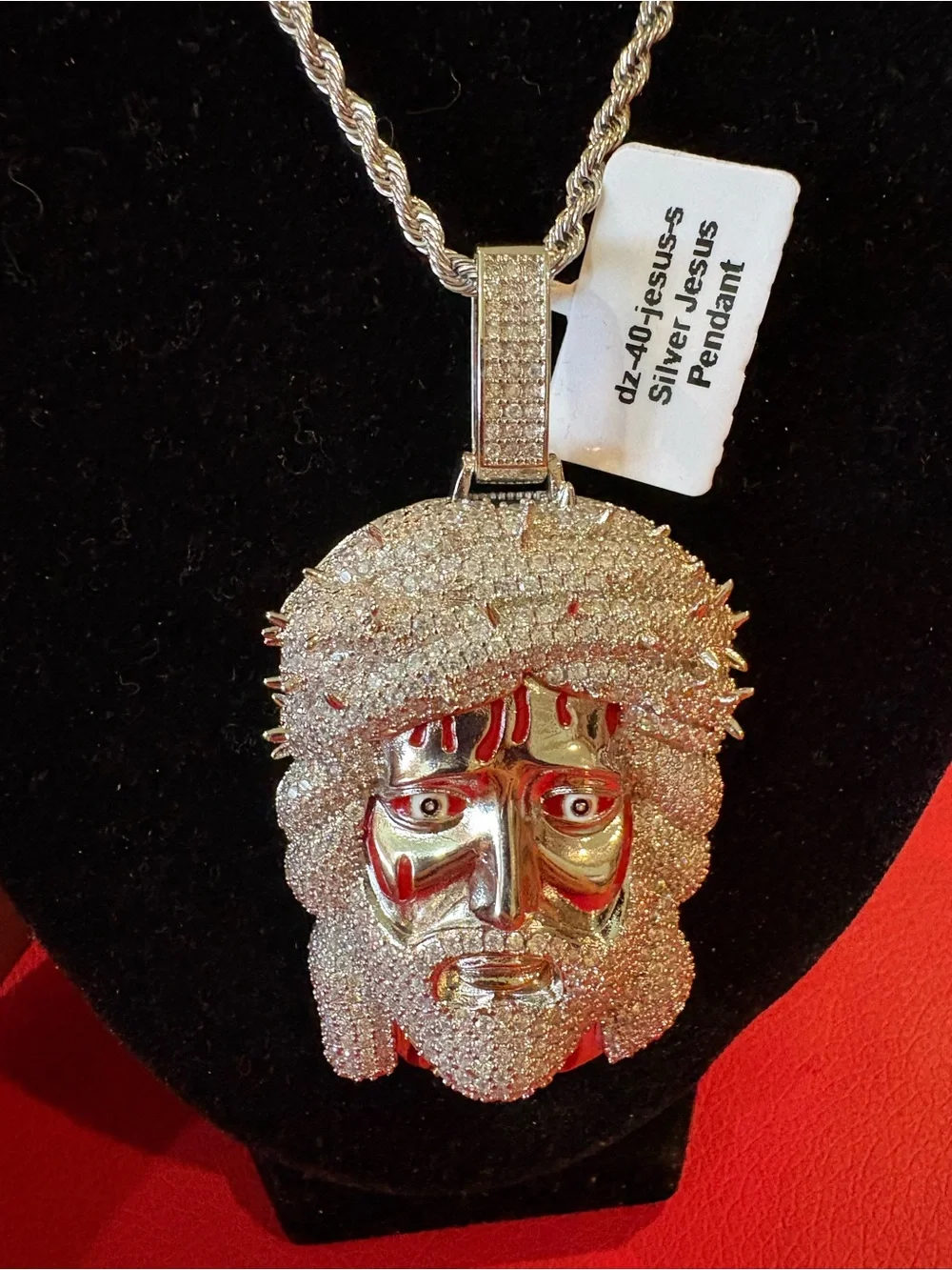Silver-Tone Pavé Jesus Head Pendant Necklace - Sparkling Silver